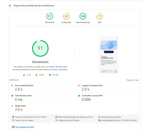 Puntaje de 91 en Google Lighthouse de la home page en mobile