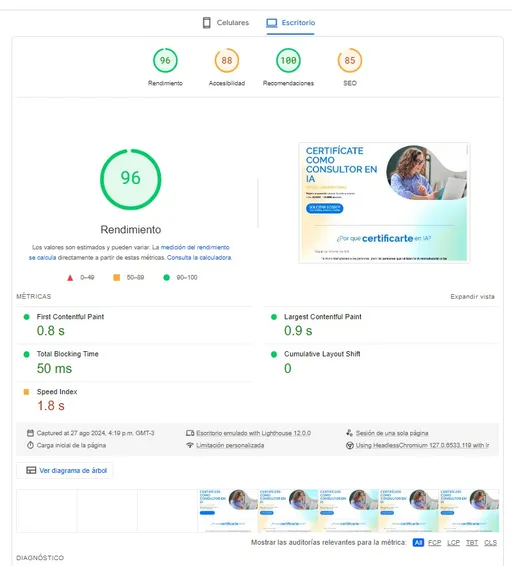 Puntaje de 96 en Google Lighthouse de la home page en PC